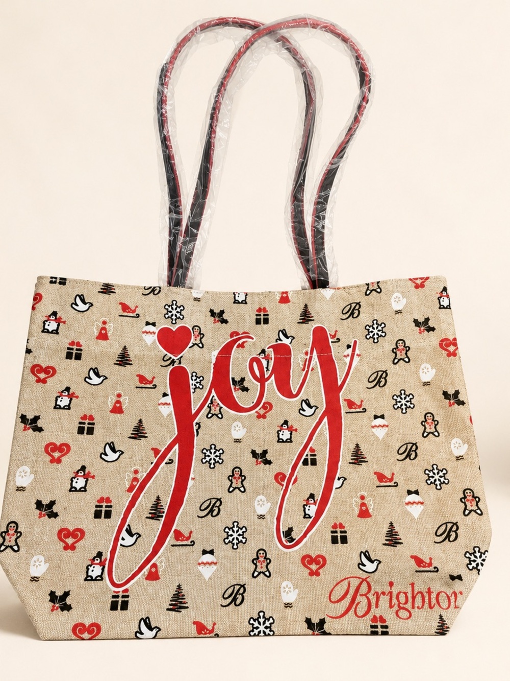 Brighton Beige Canvas 'Joy' Holiday Tote with Red Accents